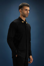 Collar  Bumblebee Hand Embroidered Designer Shirt - Black