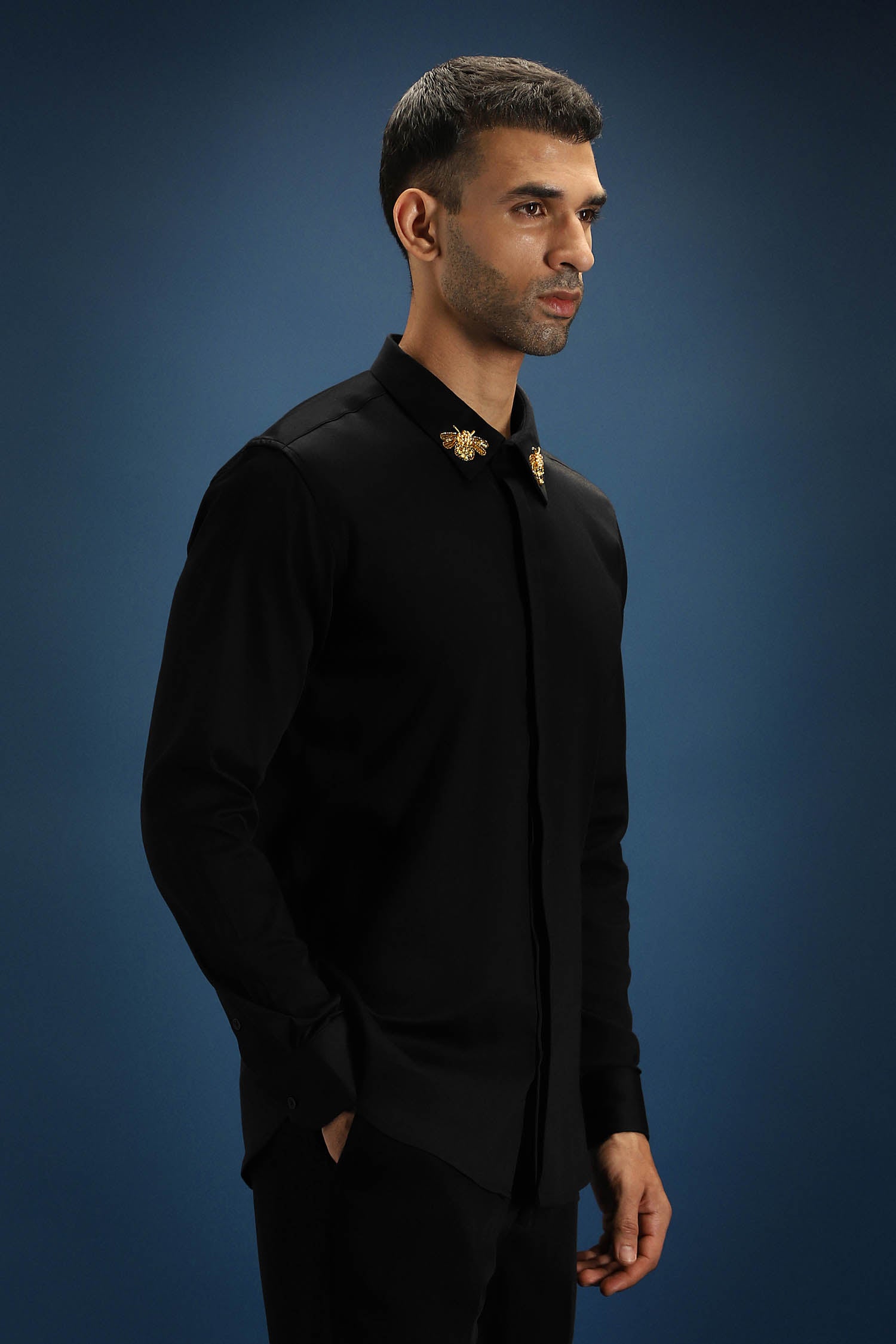 Collar  Bumblebee Hand Embroidered Designer Shirt - Black