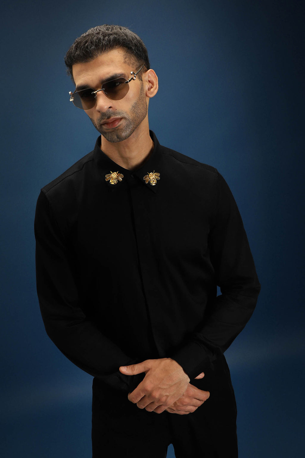Collar  Bumblebee Hand Embroidered Designer Shirt - Black