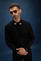 Collar  Bumblebee Hand Embroidered Designer Shirt - Black