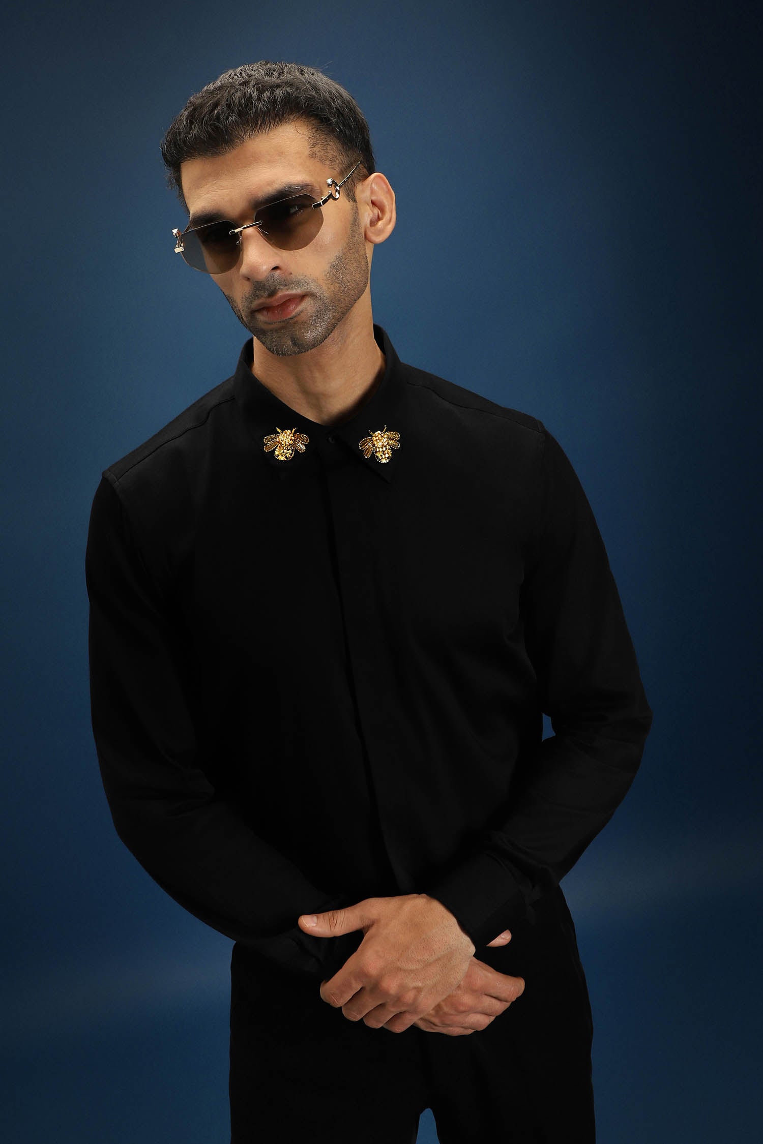 Collar  Bumblebee Hand Embroidered Designer Shirt - Black