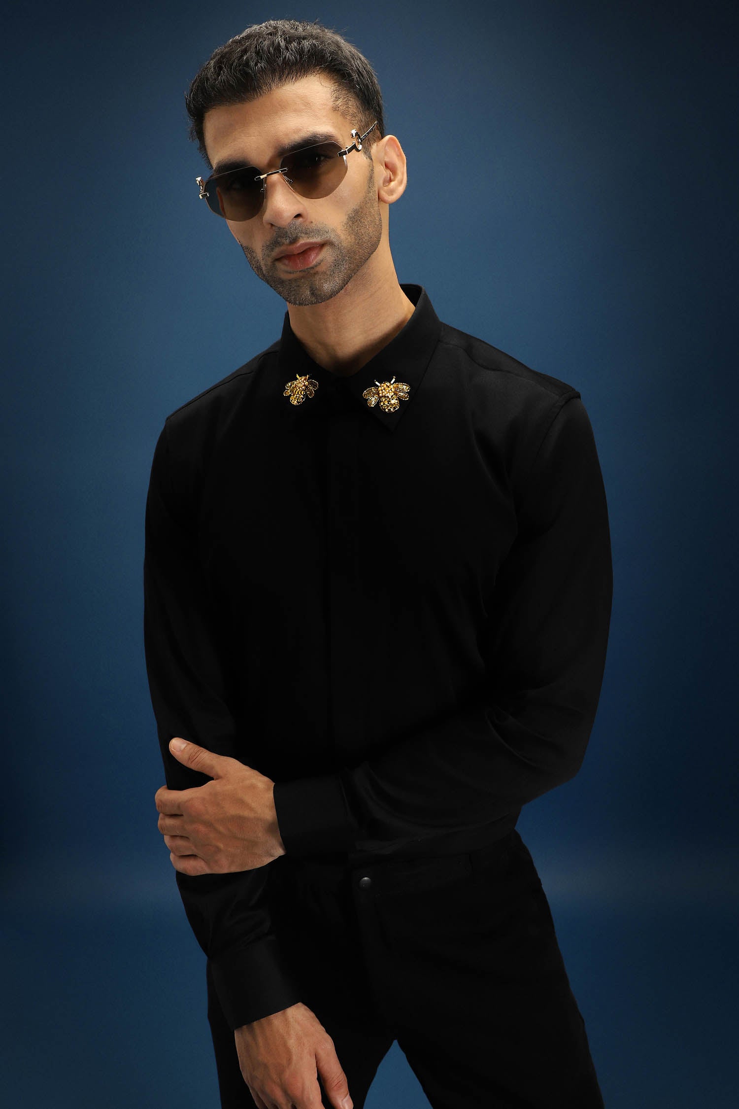 Collar  Bumblebee Hand Embroidered Designer Shirt - Black