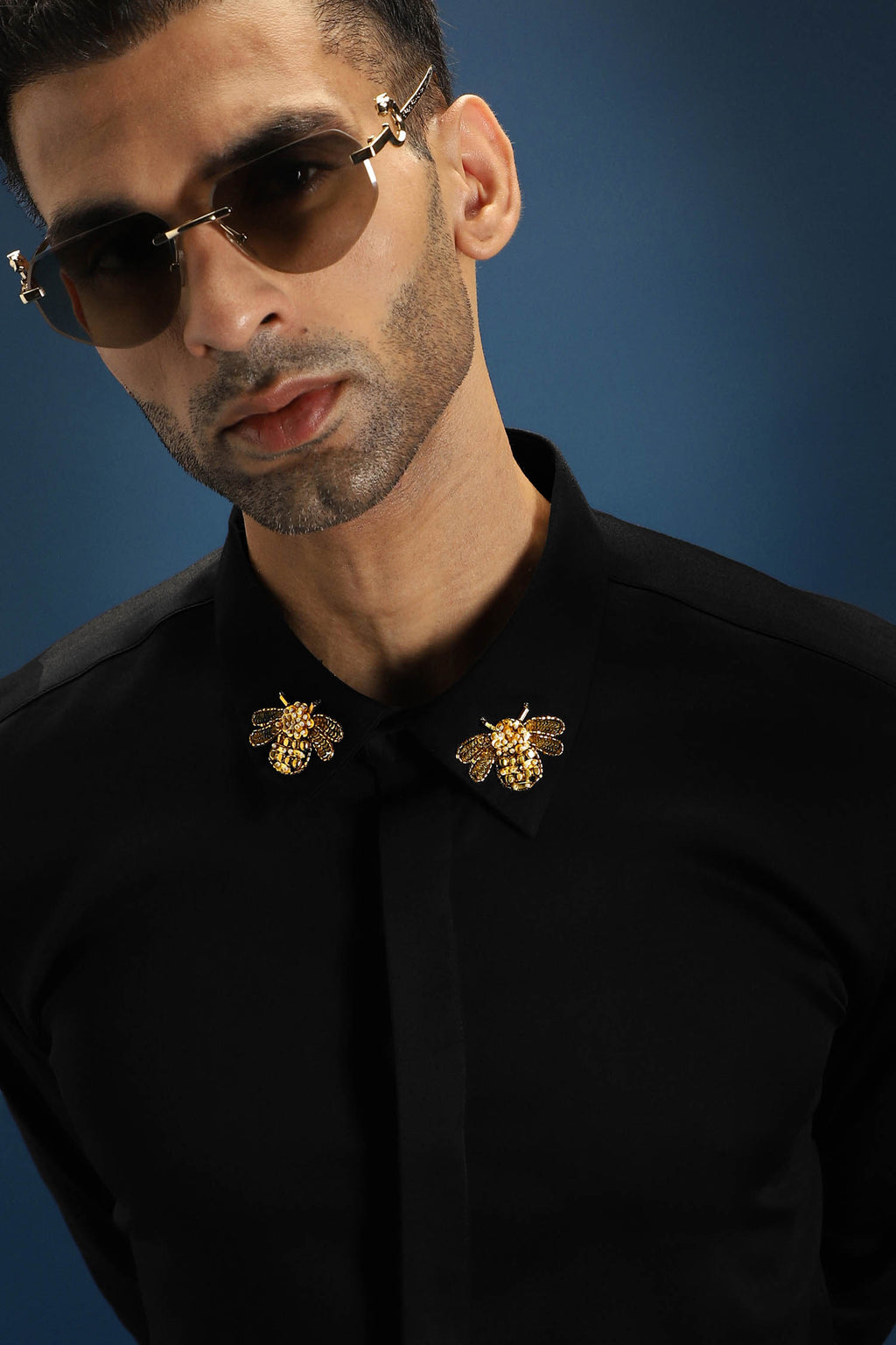 Collar  Bumblebee Hand Embroidered Designer Shirt - Black
