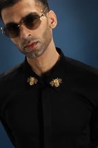 Collar  Bumblebee Hand Embroidered Designer Shirt - Black
