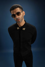 Collar  Bumblebee Hand Embroidered Designer Shirt - Black