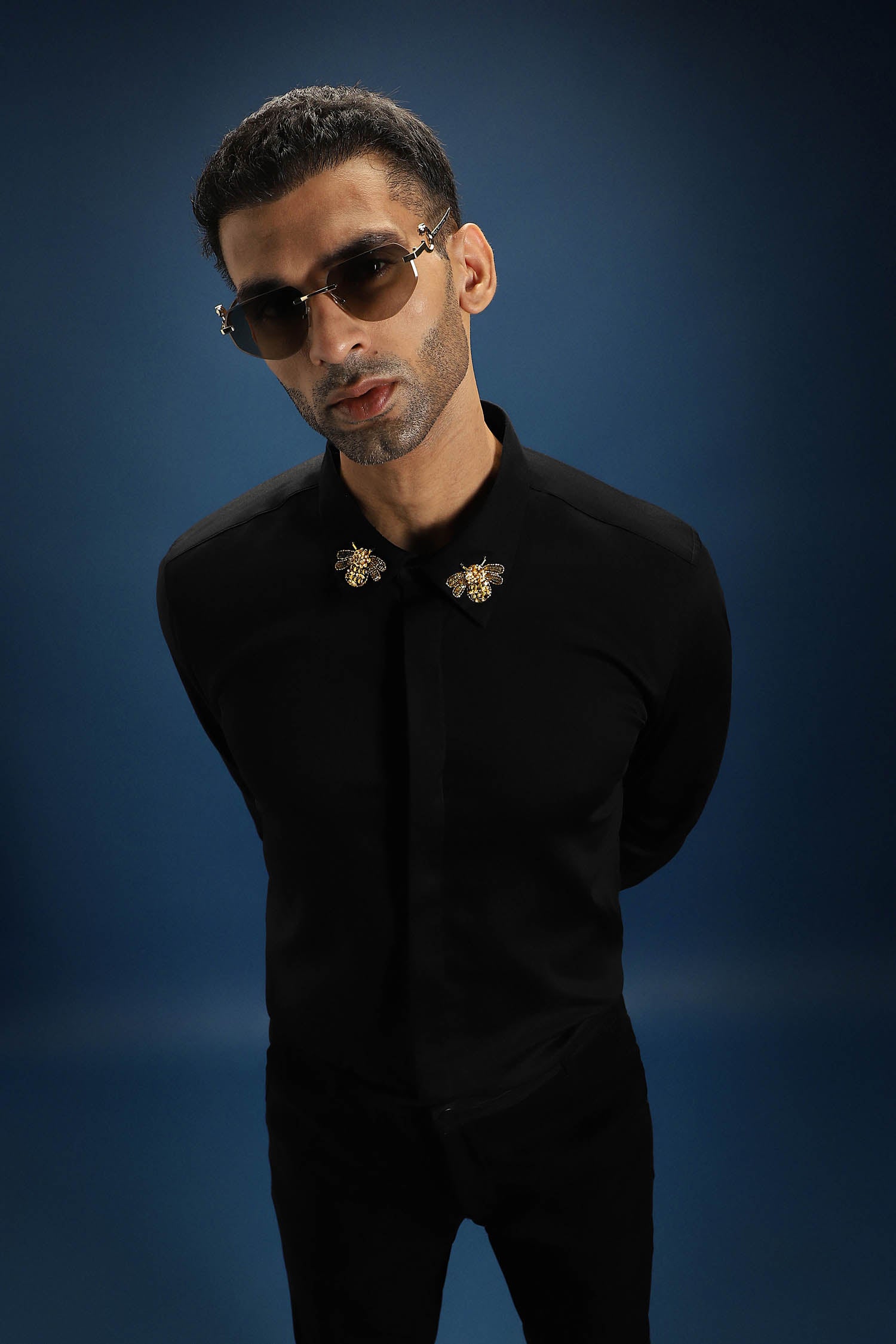 Collar  Bumblebee Hand Embroidered Designer Shirt - Black