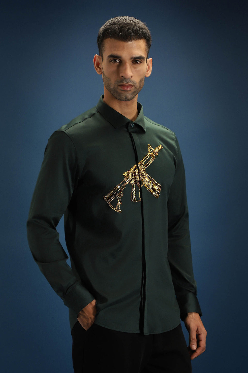 Sone Ki Bandook(Gun) - Hand Embroidered Designer Shirt - Bottle Green
