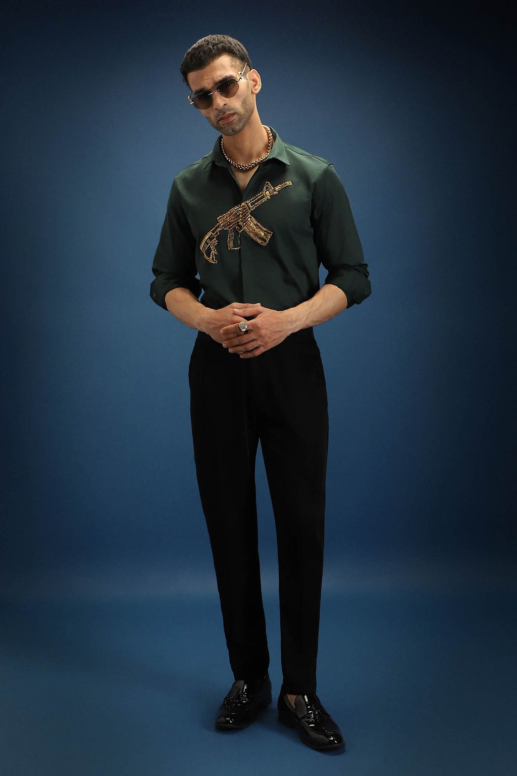 Sone Ki Bandook(Gun) - Hand Embroidered Designer Shirt - Bottle Green