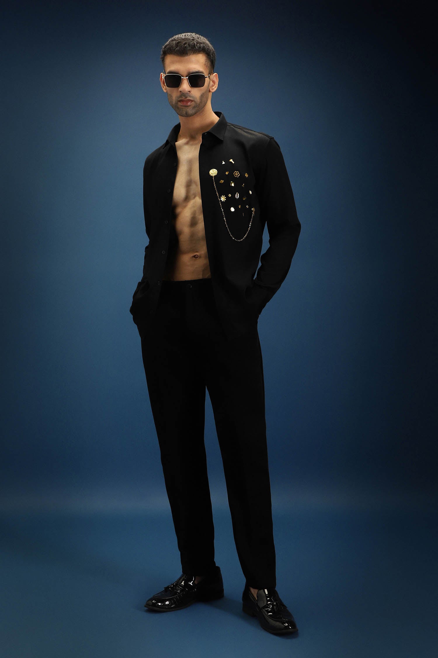 Drizzle Metal (Chain) Hand Embroidered Designer Shirt - Black