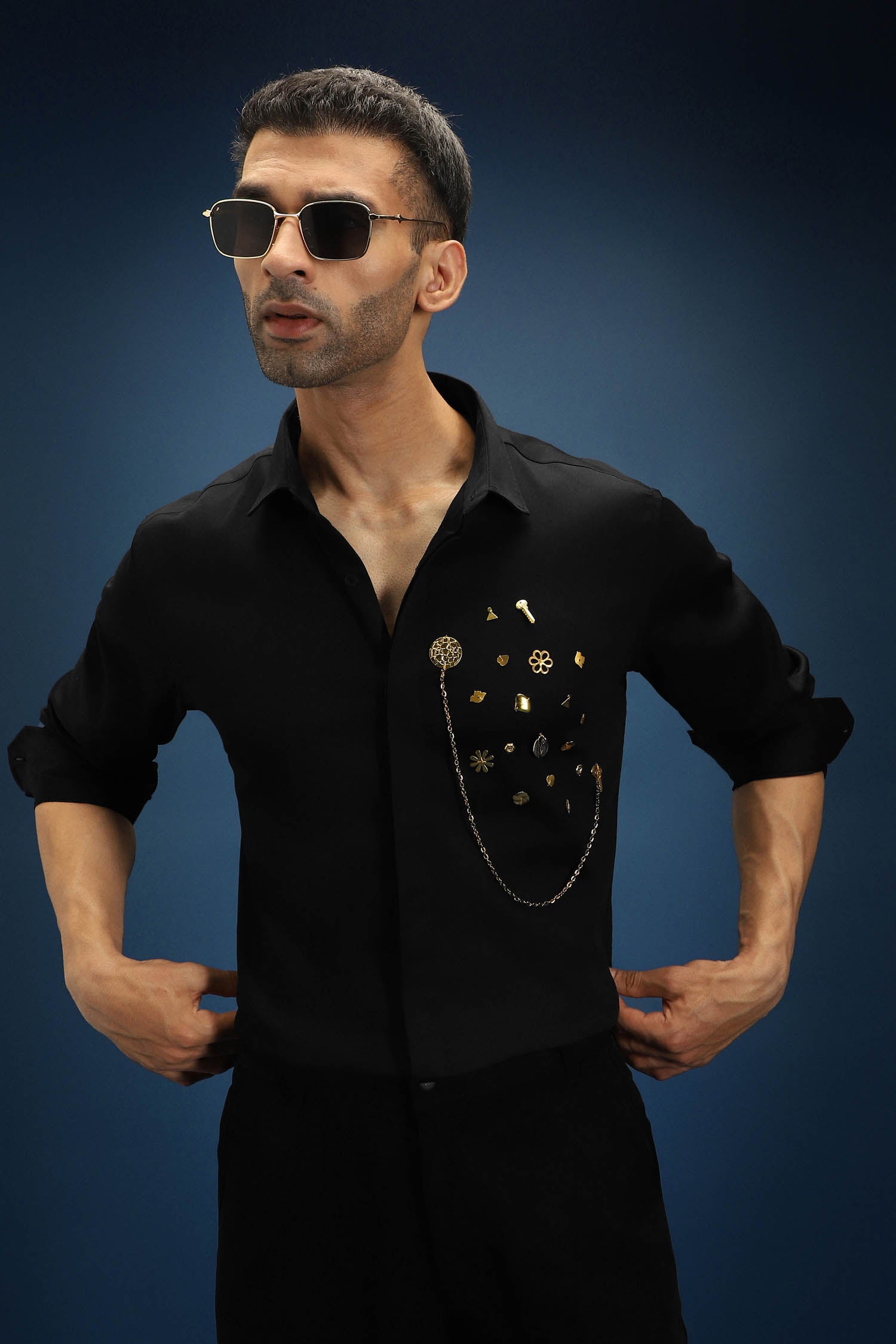Drizzle Metal (Chain) Hand Embroidered Designer Shirt - Black