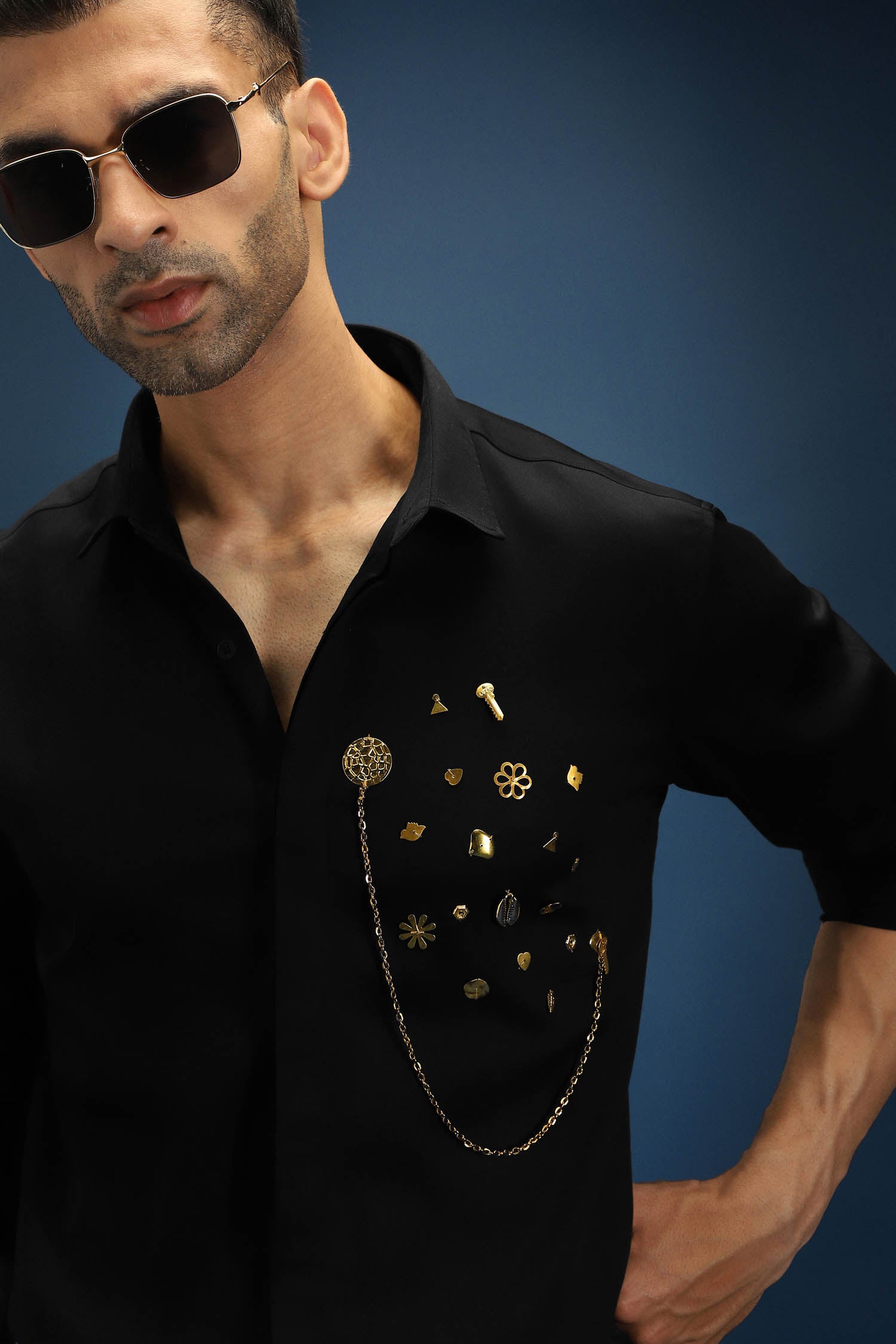 Drizzle Metal (Chain) Hand Embroidered Designer Shirt - Black