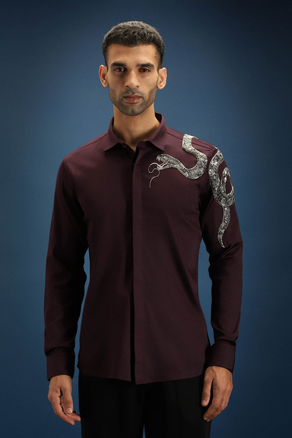 Viper- Hand Embroidered Designer Shirt - Wine