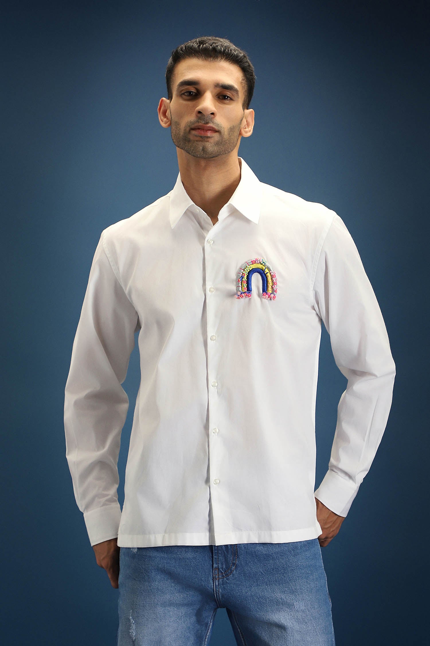 Rainbow Hand Embroidered Designer Shirt - White