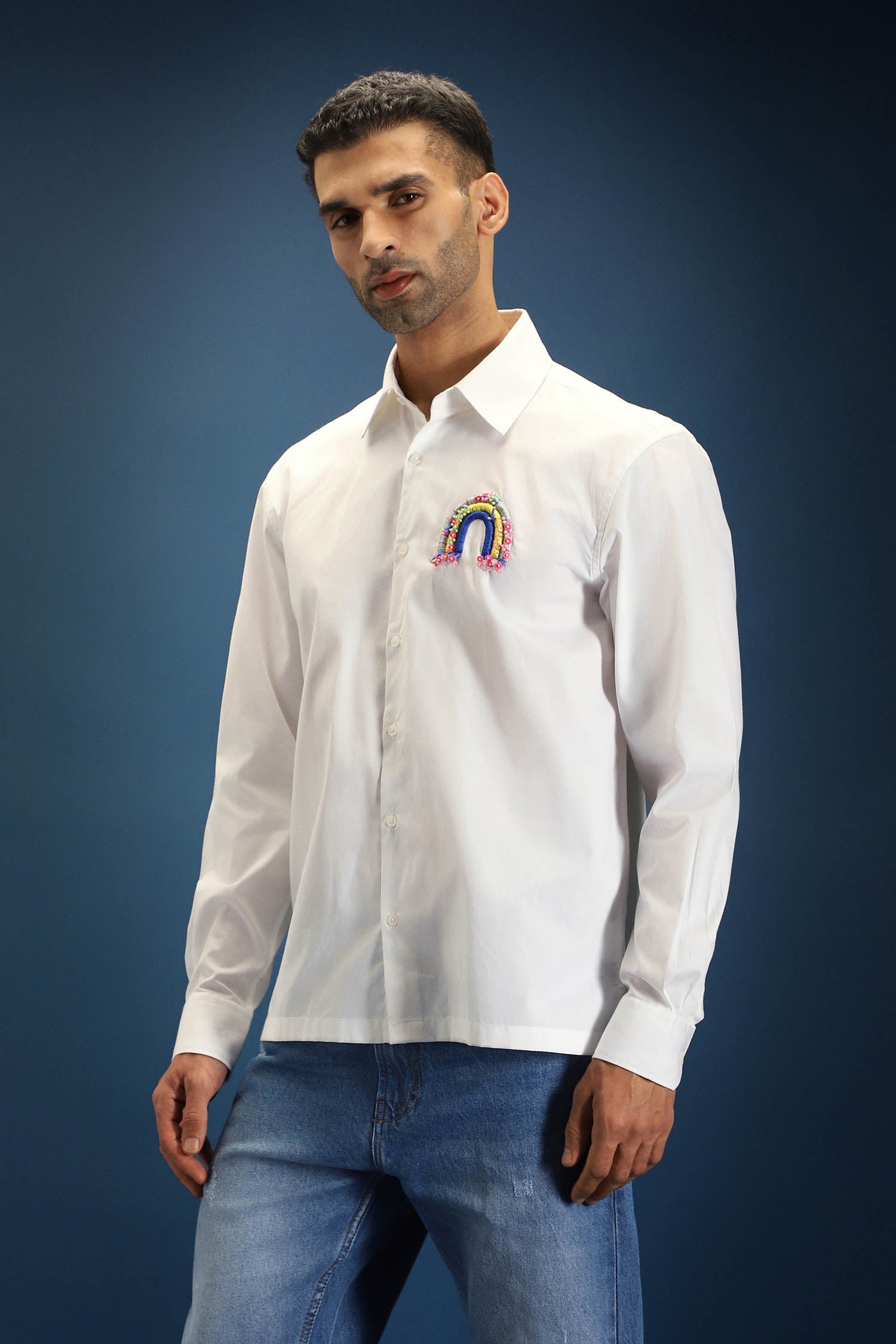 Rainbow Hand Embroidered Designer Shirt - White