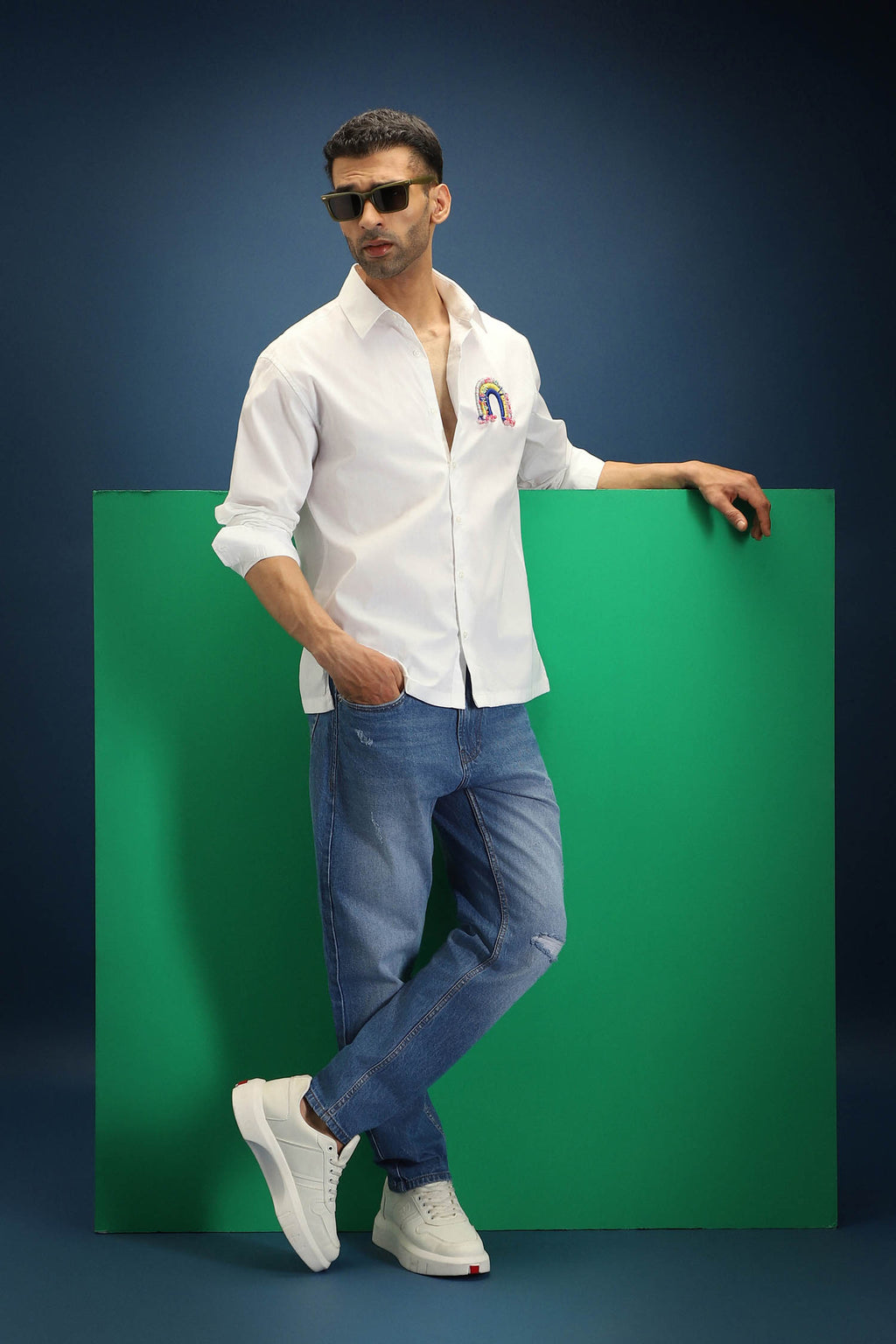 Rainbow Hand Embroidered Designer Shirt - White
