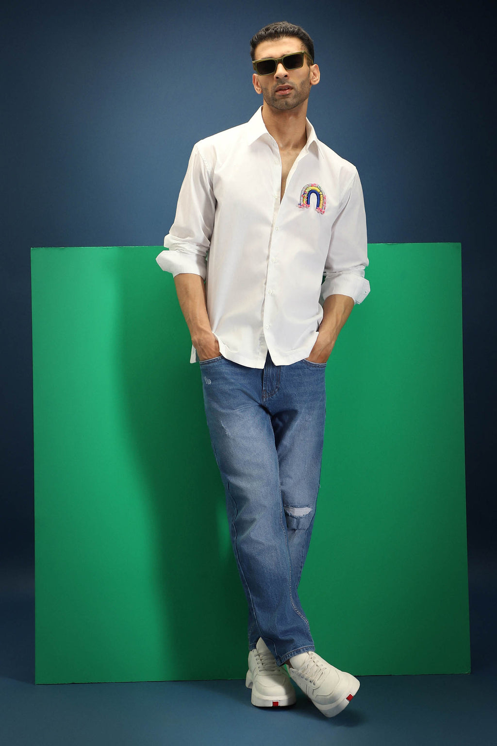 Rainbow Hand Embroidered Designer Shirt - White