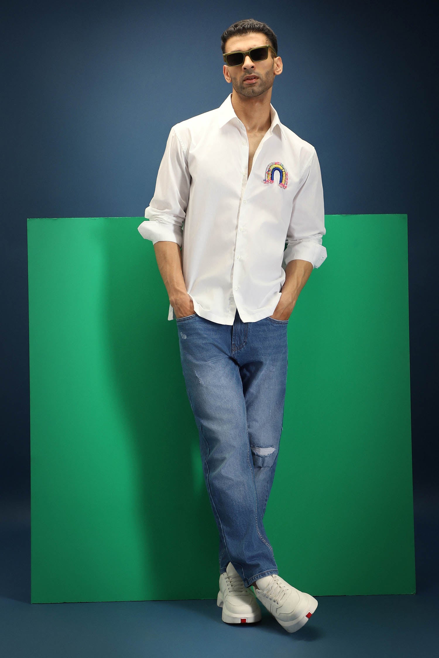 Rainbow Hand Embroidered Designer Shirt - White