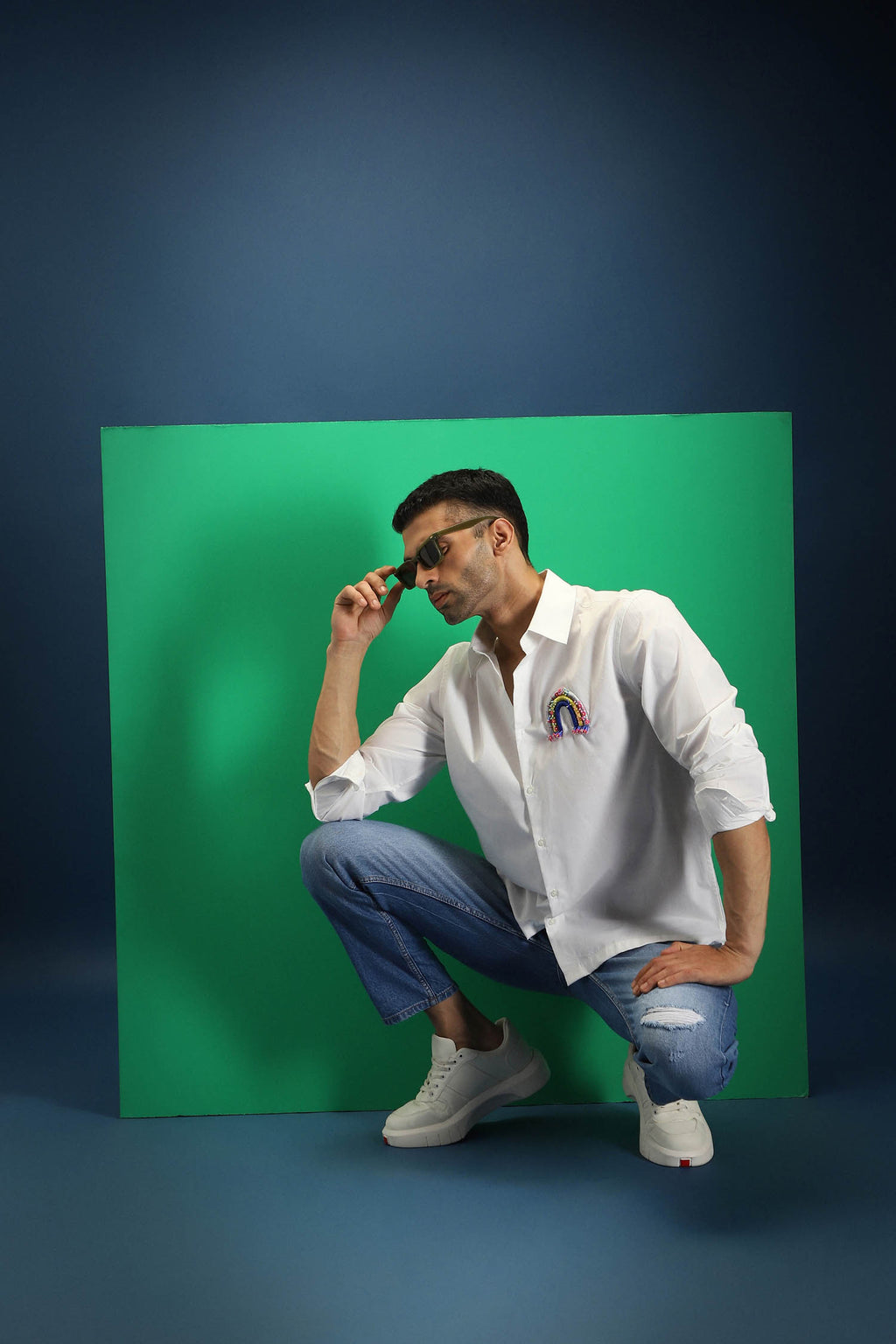 Rainbow Hand Embroidered Designer Shirt - White