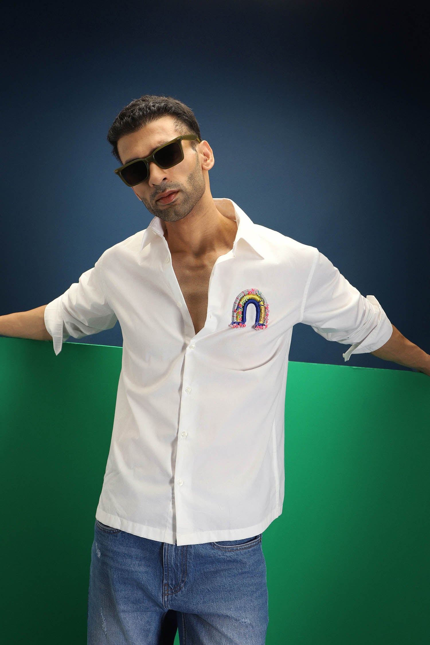 Rainbow Hand Embroidered Designer Shirt - White