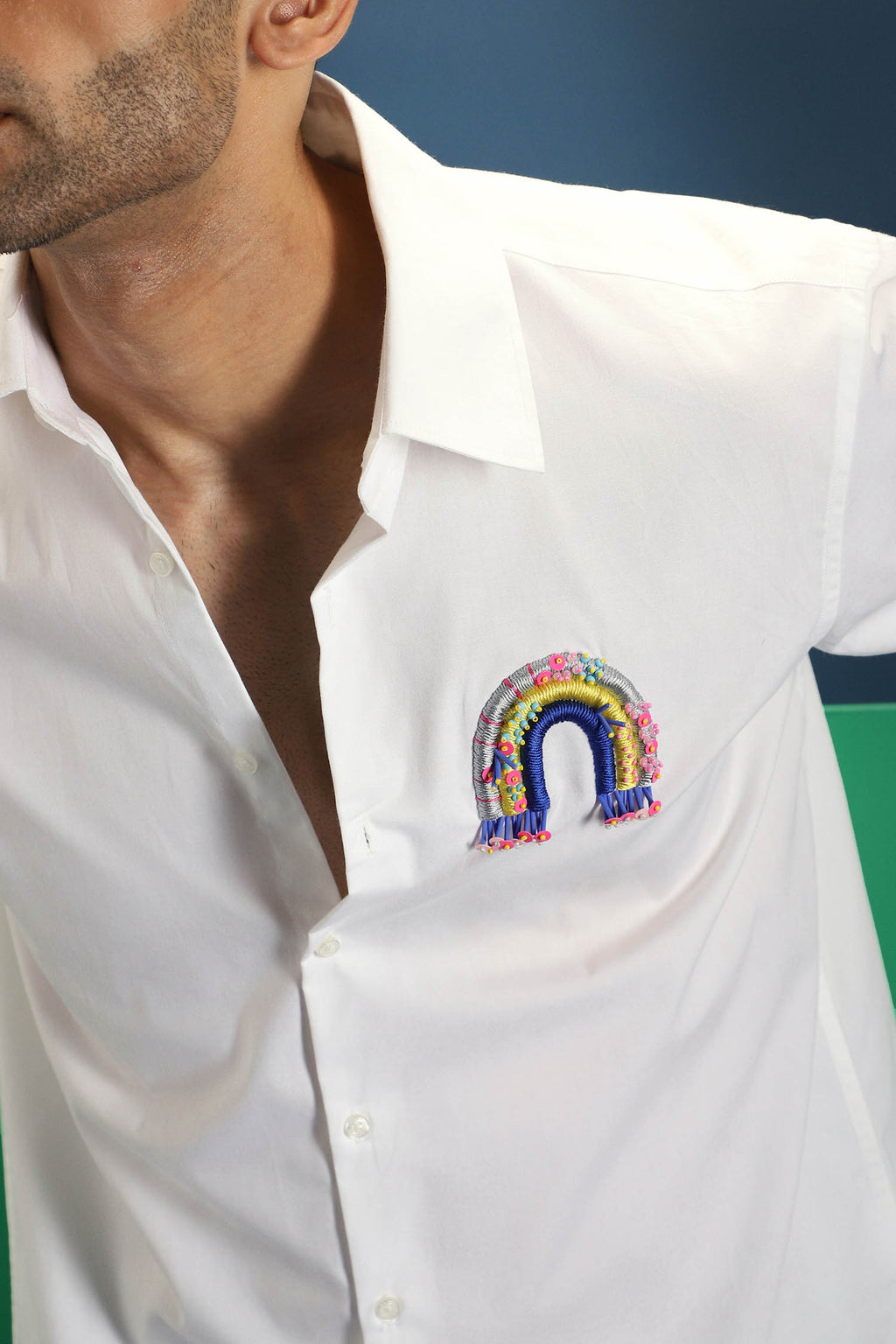 Rainbow Hand Embroidered Designer Shirt - White