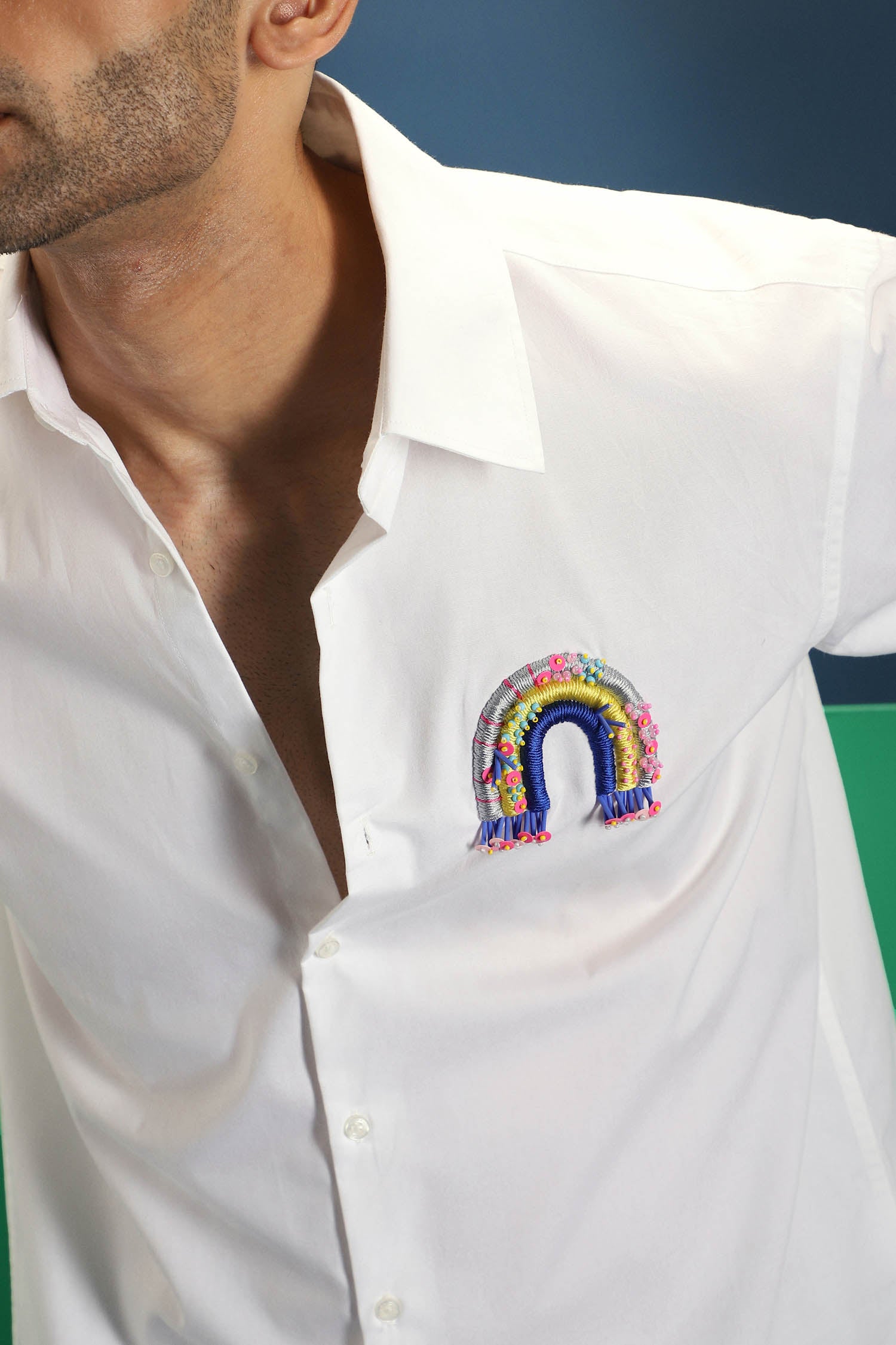 Rainbow Hand Embroidered Designer Shirt - White