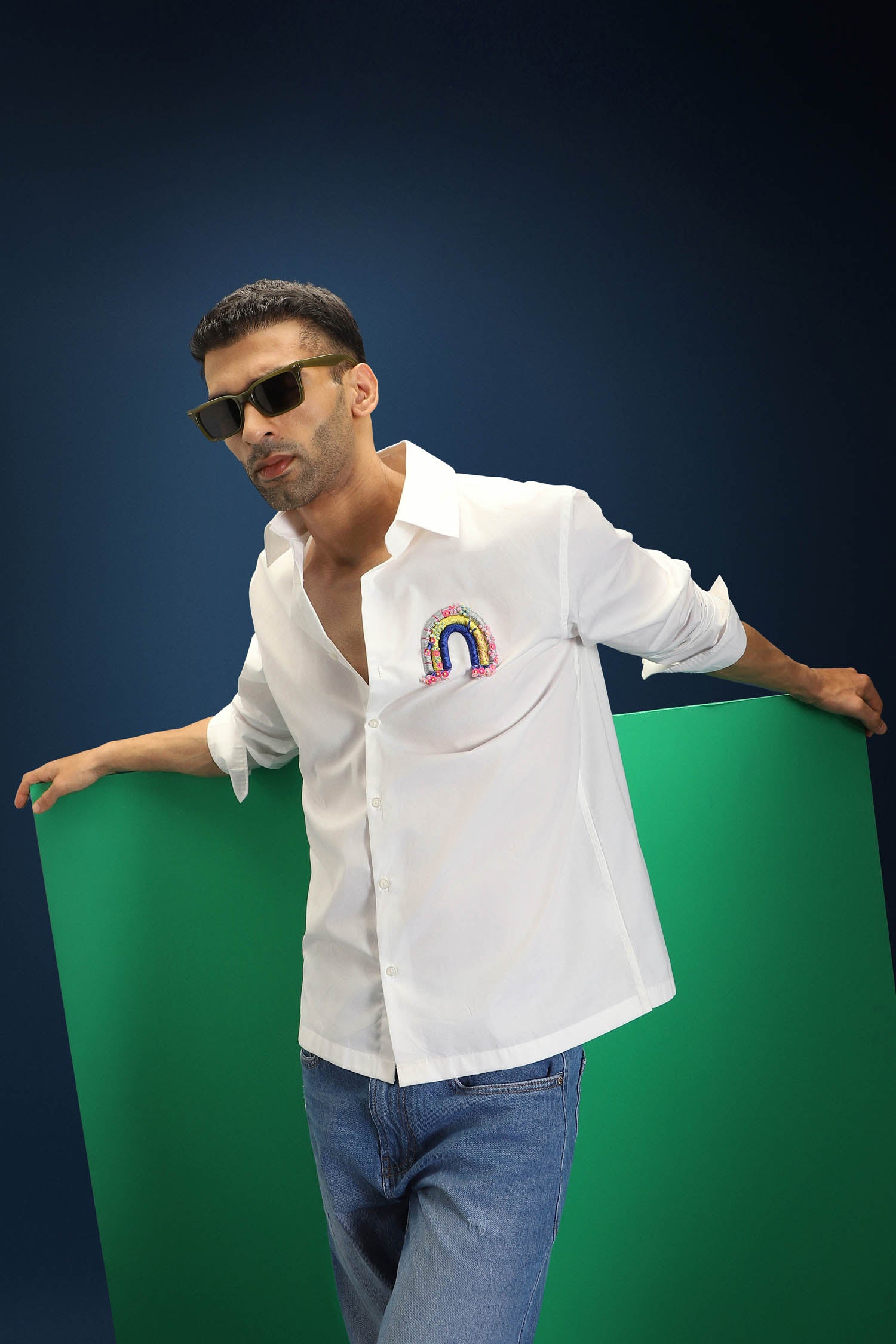 Rainbow Hand Embroidered Designer Shirt - White