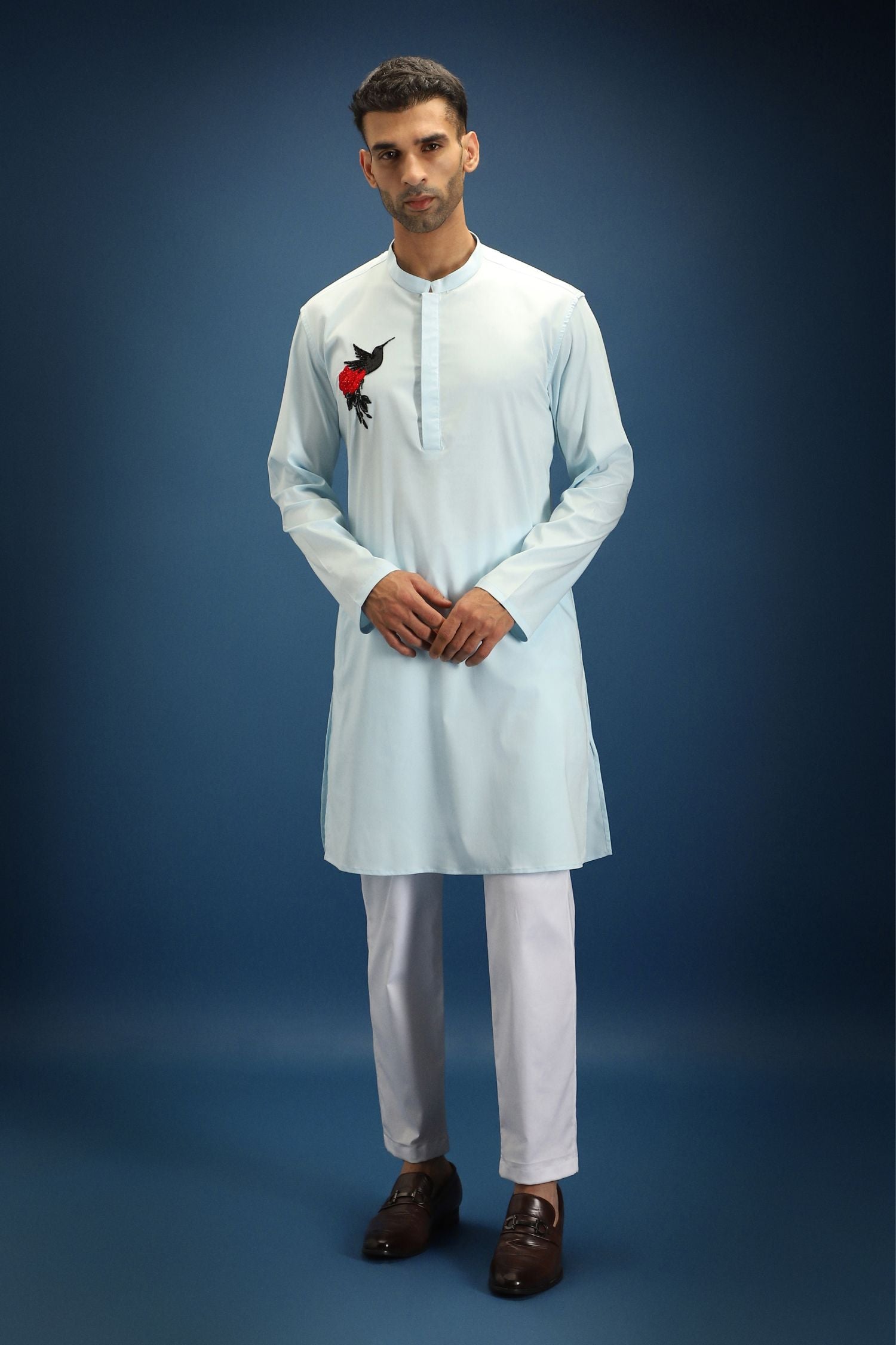 Song Bird Hand Embroidered Designer Kurta - Sky Blue