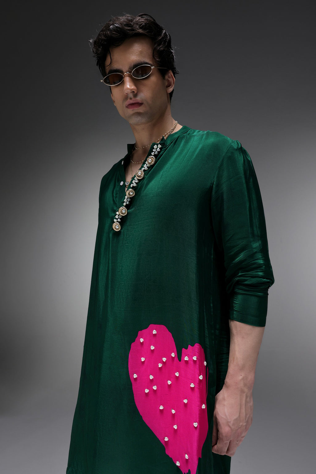Pearl Heart - Hand Embroidered Designer Kurta - Bottle Green