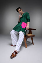 Pearl Heart - Hand Embroidered Designer Kurta - Bottle Green