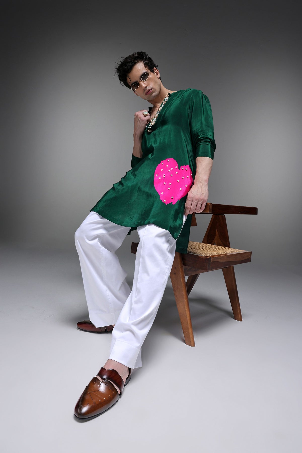 Pearl Heart - Hand Embroidered Designer Kurta - Bottle Green