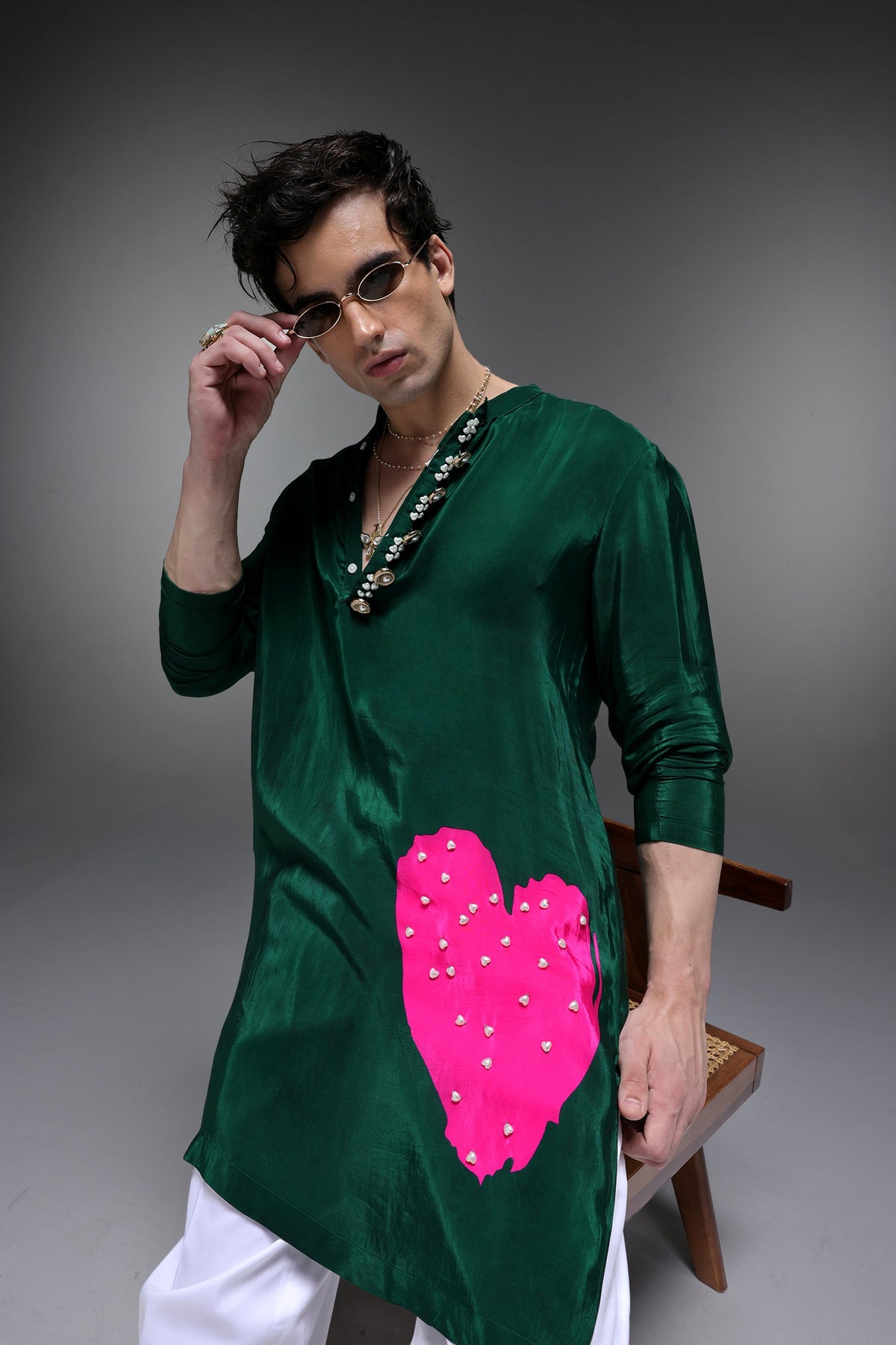 Pearl Heart - Hand Embroidered Designer Kurta - Bottle Green